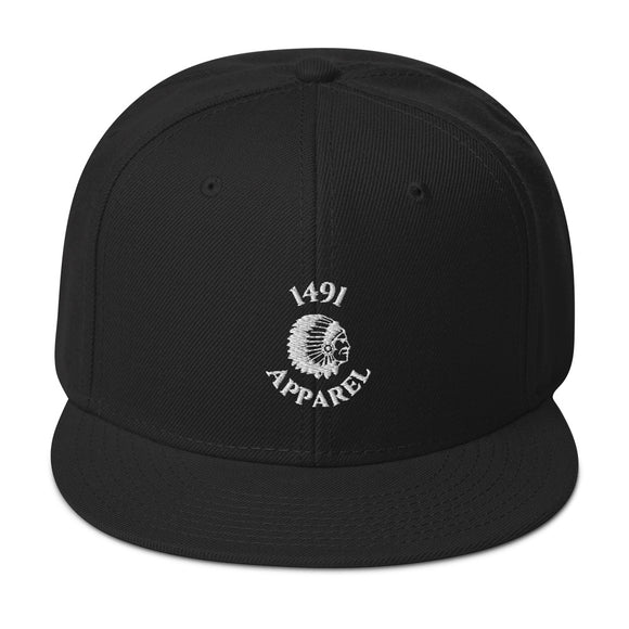 Black classic snapback hat with a black peak featuring the 1491 Apparel logo embroidered on the front