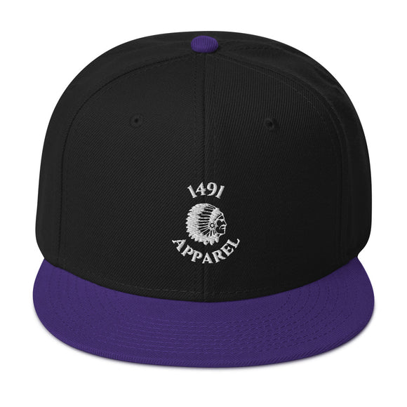 Black classic snapback hat with a purple peak featuring the 1491 Apparel logo embroidered on the front