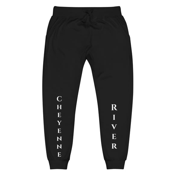 Front view of Black joggers with White Cheyenne River lettering on front lower legs and white 1491 Apparel on the back pocket