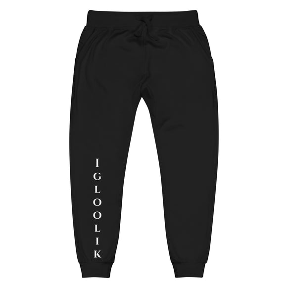 Front view of Black joggers with White igloolik lettering on front lower right leg and white 1491 Apparel on the back pocket