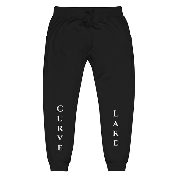 Front view of Black joggers with White curve lake lettering on front lower legs and white 1491 Apparel on the back pocket