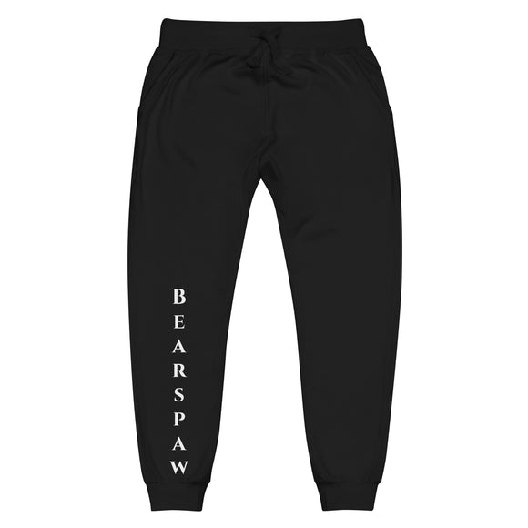 Front view of Black joggers with White Bearspaw lettering on front right leg and white 1491 Apparel on the back pocket