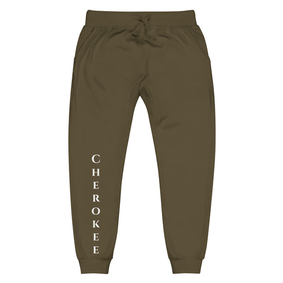 Front view of military green joggers with White Cherokee lettering on front right leg and white 1491 Apparel on the back pocket