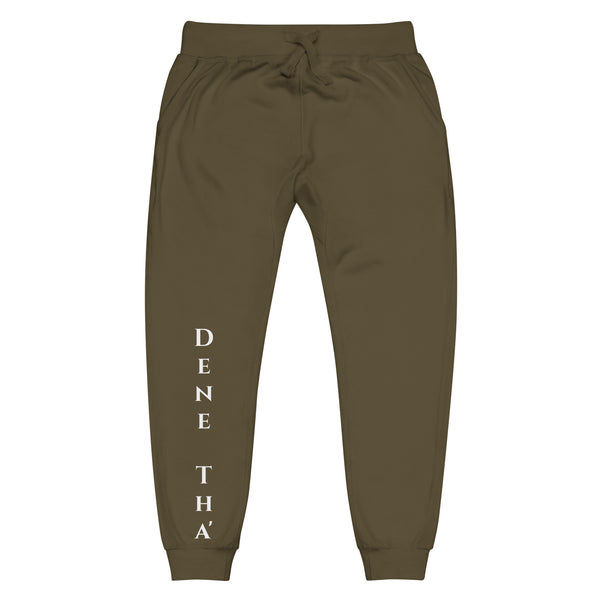Front view of military green joggers with White dene tha' lettering on front lower legs and white 1491 Apparel on the back pocket