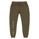 Front view of military green joggers with White dene tha' lettering on front lower legs and white 1491 Apparel on the back pocket