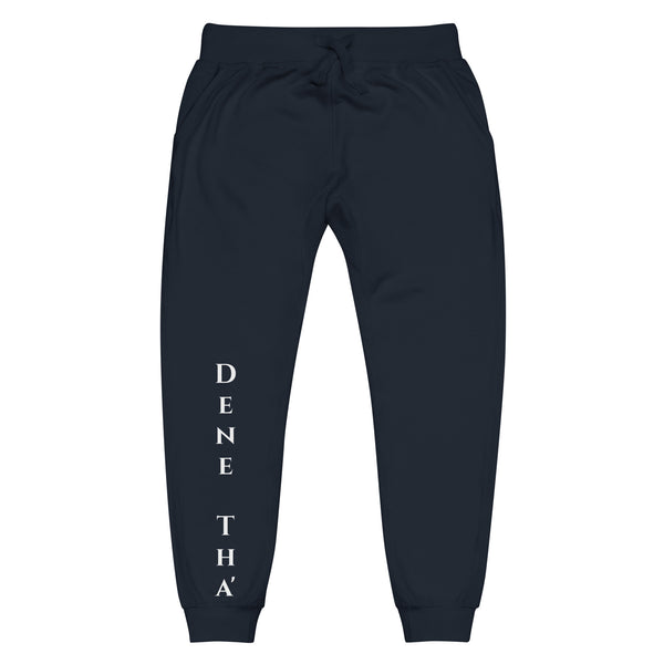 Front view of navy blazer blue joggers with White dene tha' lettering on front lower legs and white 1491 Apparel on the back pocket