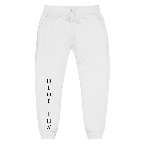 Front view of white joggers with black dene tha' lettering on front lower legs and black 1491 Apparel on the back pocket
