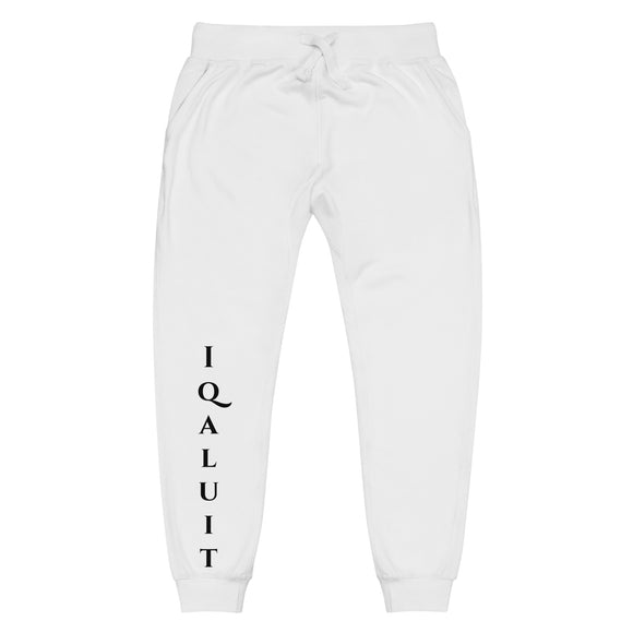 Front view of iqaluit joggers with White iqaluit lettering on front lower right leg and white 1491 Apparel on the back pocket