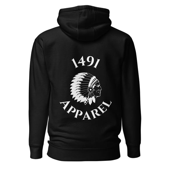 black cross lake nation strong hoodie with white 1491 apparel lettering and logo on the back