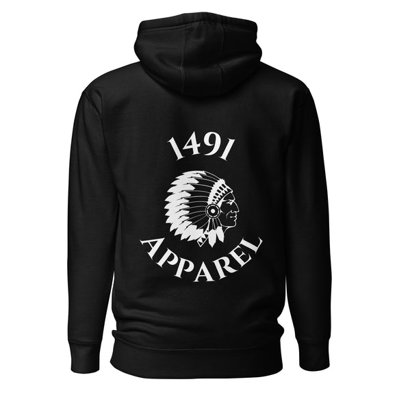 black igloolik nation strong hoodie with white 1491 apparel lettering and logo on the back