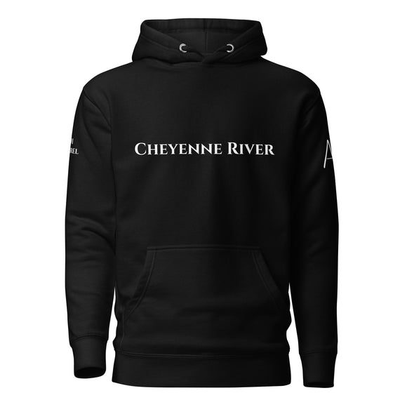 Front view of Black hoodie with White Cherokee lettering on front and white 1491 Apparel on Right shoulder and white logo on Left shoulder