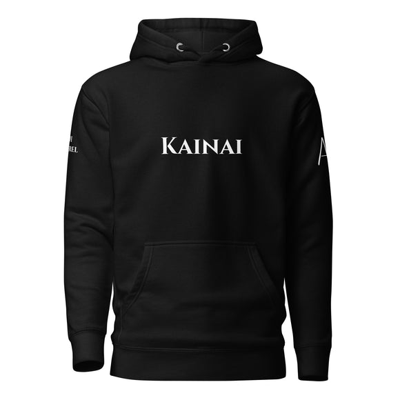 front view of Black hoodie with White kainai lettering on front and white 1491 Apparel on Right shoulder and white logo on Left shoulder
