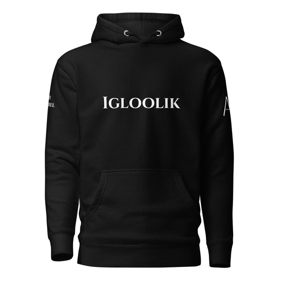 front view of Black hoodie with White igloolik lettering on front and white 1491 Apparel on Right shoulder and white logo on Left shoulder