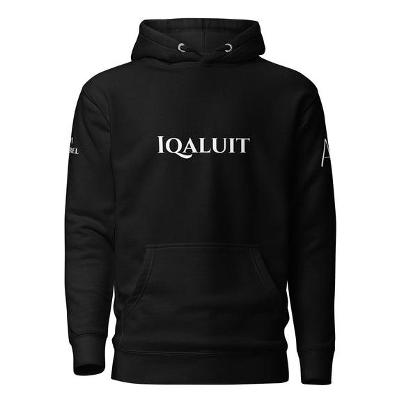 front view of Black hoodie with White iqaluit lettering on front and white 1491 Apparel on Right shoulder and white logo on Left shoulder