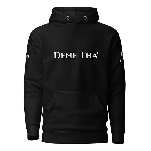 front view of Black hoodie with White dene tha' lettering on front and white 1491 Apparel on Right shoulder and white logo on Left shoulder