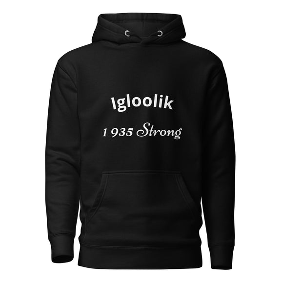 black 1491 apparel hoodie with white igloolik nation and 1935 strong lettering on the front