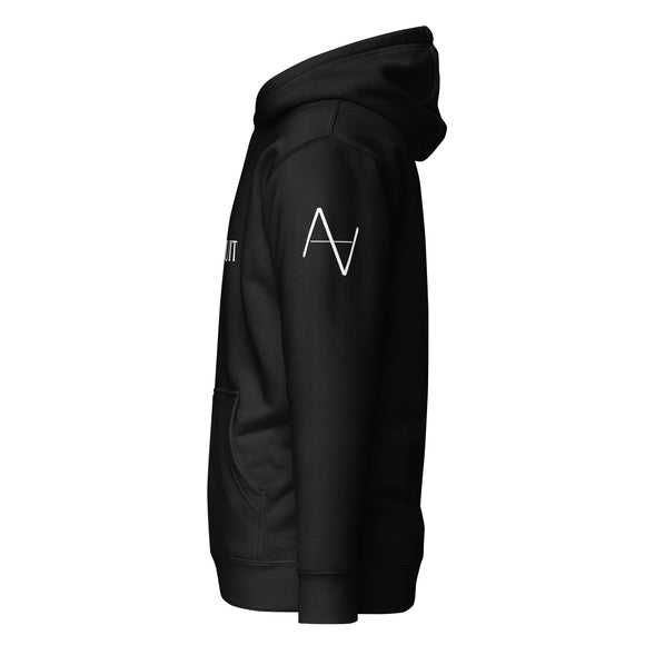 left arm side view of black iqaluit hoodie with white 1491 Apparel logos on each shoulder