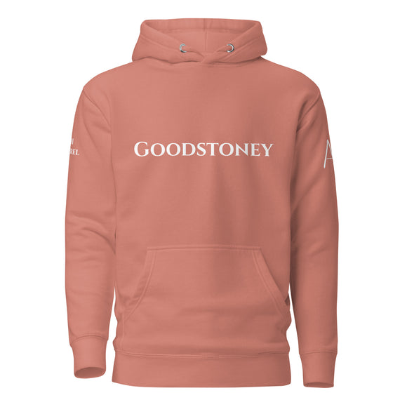 front view of dusty rose hoodie with White goodstoney lettering on front and white 1491 Apparel on Right shoulder and white logo on Left shoulder