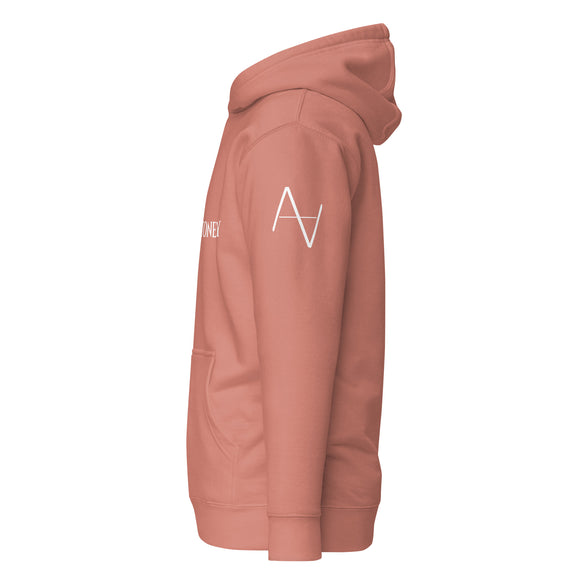 left arm side view of dusty rose goodstoney hoodie with white 1491 Apparel logos on each shoulder