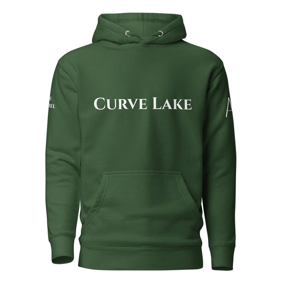 front view of forest green hoodie with White curve lake lettering on front and white 1491 Apparel on Right shoulder and white logo on Left shoulder