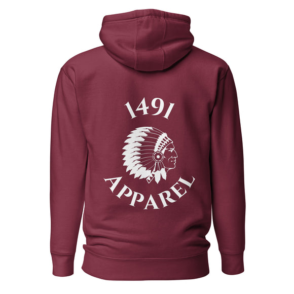 maroon kainai nation strong hoodie with white 1491 apparel lettering and logo on the back