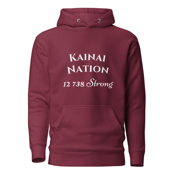 maroon 1491 apparel hoodie with white kainai nation and 12738 strong lettering on the front