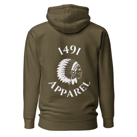 military green cherokee strong hoodie with white 1491 apparel lettering and logo on the back