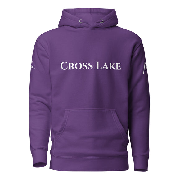 front view of purple hoodie with White cross lake lettering on front and white 1491 Apparel on Right shoulder and white logo on Left shoulder