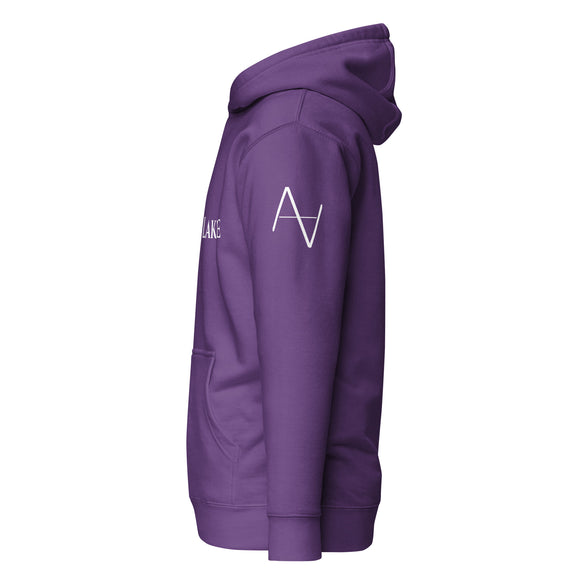 left arm side view of purple cross lake hoodie with white 1491 Apparel logos on each shoulder