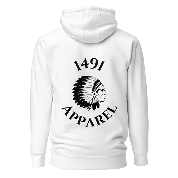 white iqaluit strong hoodie with black 1491 apparel lettering and logo on the back