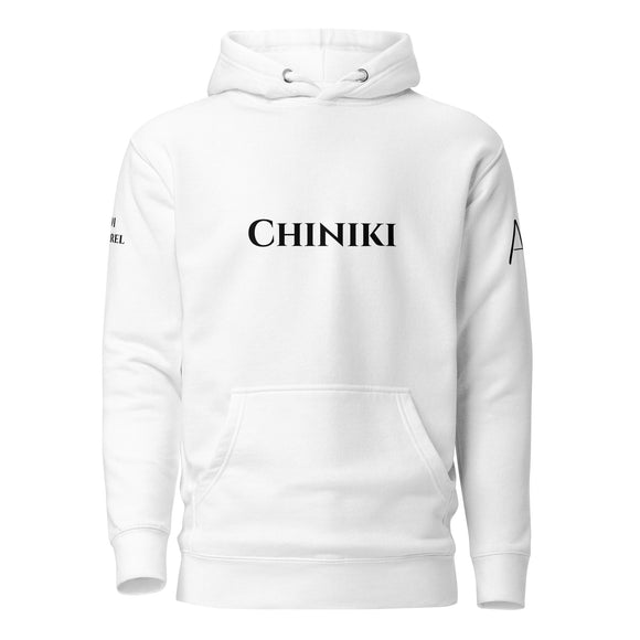 Front view of white hoodie with black chiniki lettering on front and black 1491 Apparel on Right shoulder and white logo on Left shoulder