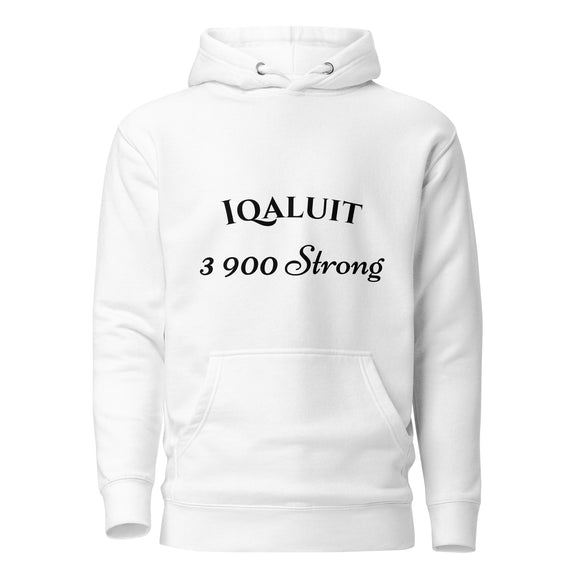 white 1491 apparel hoodie with black iqaluit and 3900 strong lettering on the front