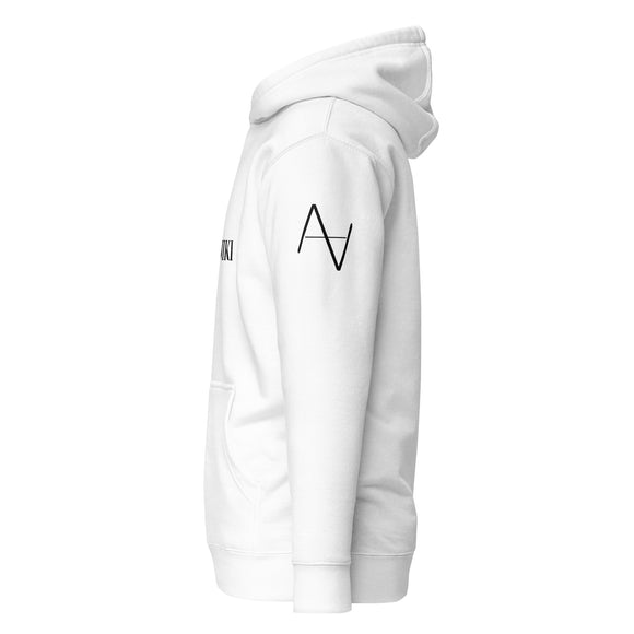 left arm side view of white chiniki hoodie with black 1491 Apparel logos on each shoulder